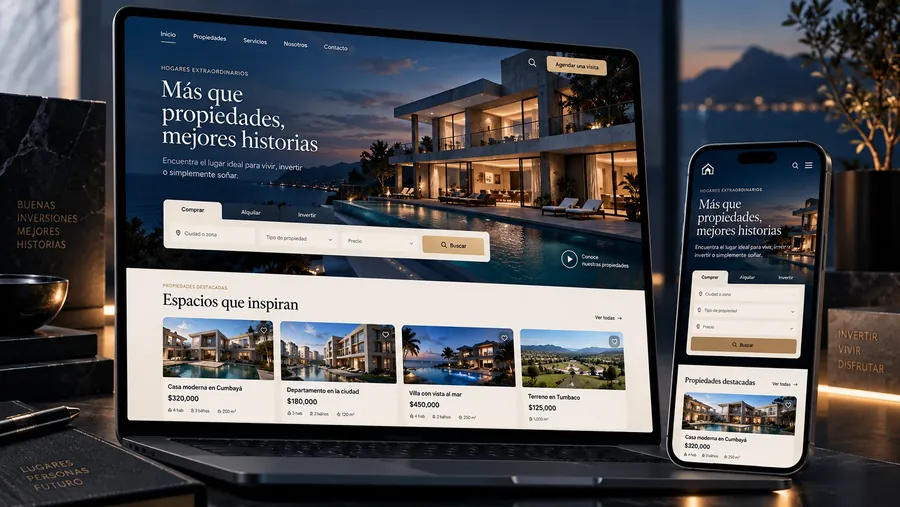 Concepto de web: Altamar — inmobiliaria premium, en laptop y celular