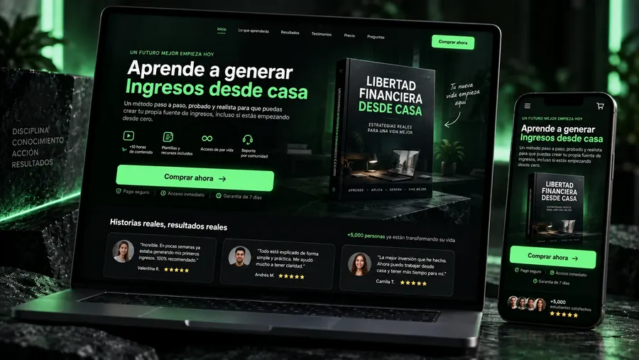 Concepto de web: Libertad Financiera — landing de venta de curso o ebook, en laptop y celular