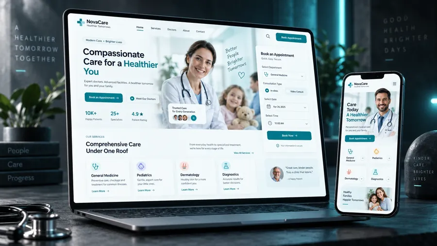 Concepto de web: NovaCare — clínica y salud, en laptop y celular