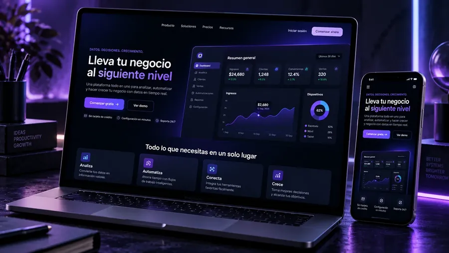 Concepto de web: Plataforma SaaS — software y dashboards, en laptop y celular