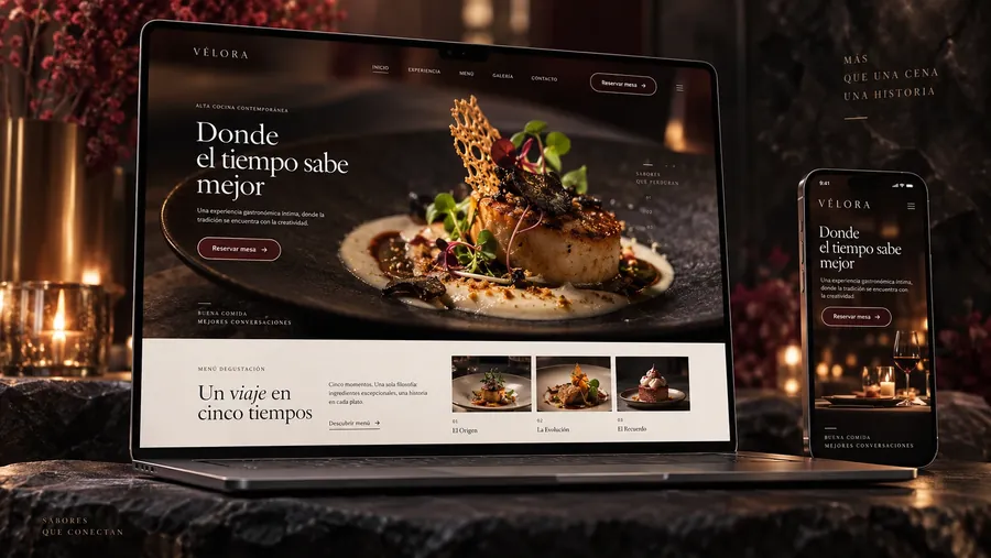 Concepto de web: Vélora — restaurante de alta cocina, en laptop y celular