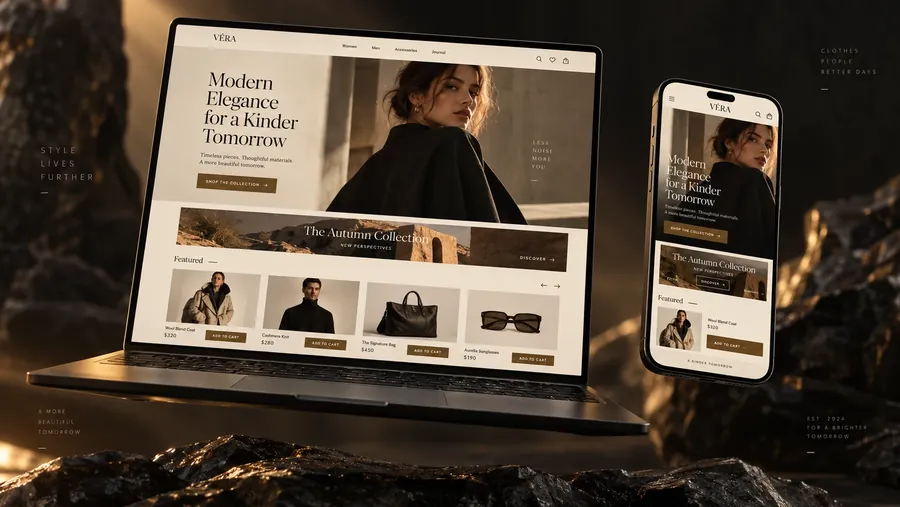 Concepto de web: Véra — tienda online de moda, en laptop y celular